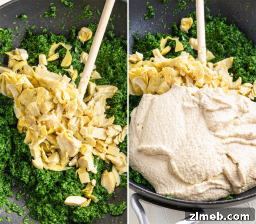 Irresistible Vegan Spinach Artichoke Dip 6 Making Vegan Spinach Artichoke Dip, showing the blended mixture before baking for a healthy appetizer.