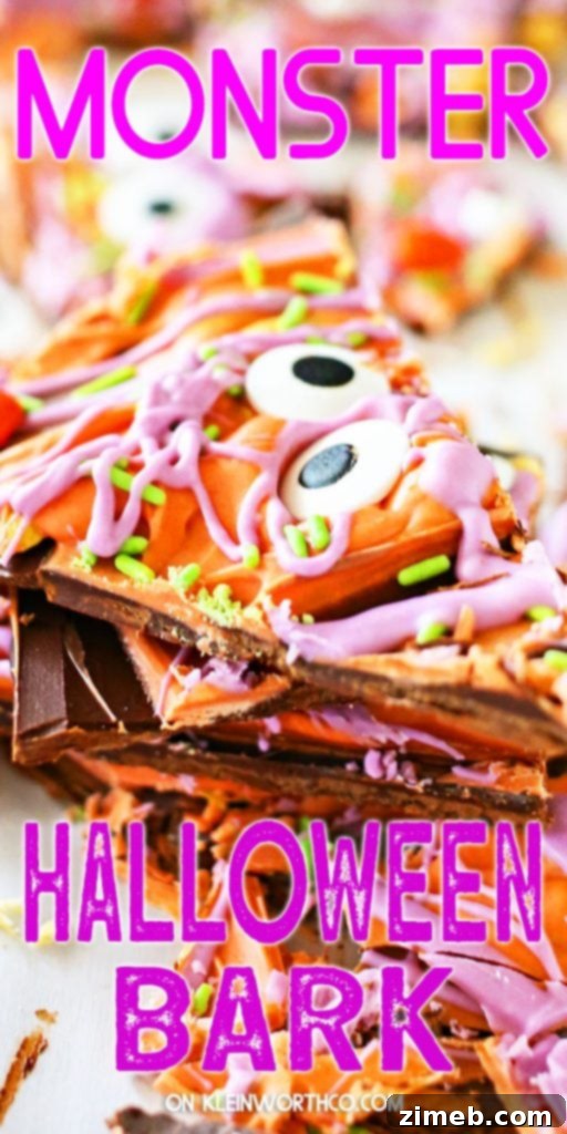 Monster Mash Bark 2 Vibrant and spooky Monster Bark with candy eyes and sprinkles, perfect for a Halloween party.