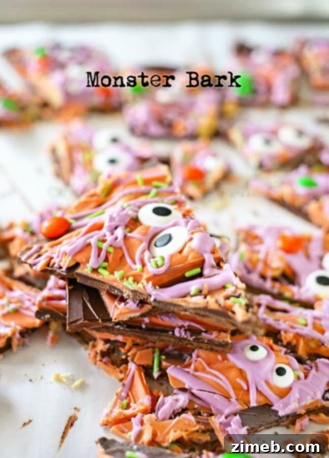 Monster Mash Bark 13 Assortment of Monster Bark pieces on a dark background, showcasing its texture and festive colors.