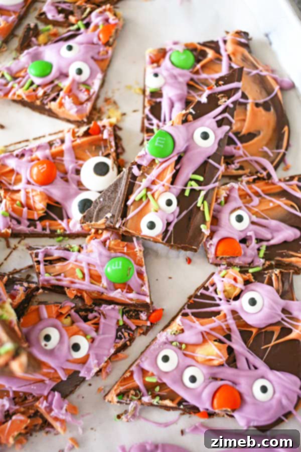 Monster Mash Bark 5 Detailed shot of Monster Bark with various candy eyes and green jimmies, highlighting its playful design.