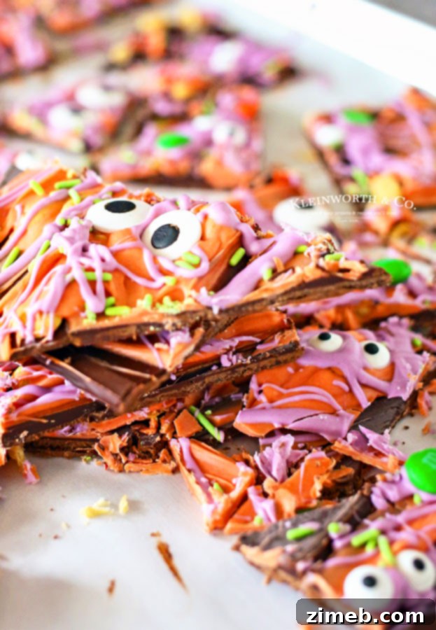 Monster Mash Bark 7 Large pieces of Halloween Monster Bark artfully arranged on a serving platter.