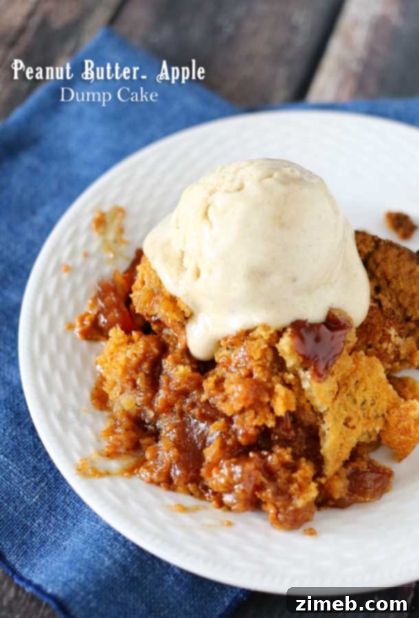 Peanut Butter Apple Dump Cake - Top view of a slice with gooey peanut butter and apples