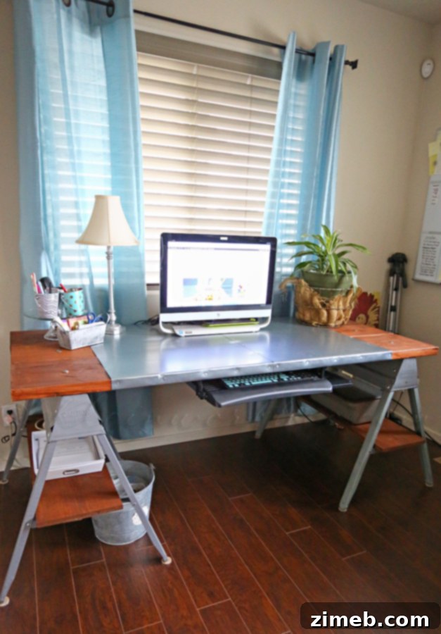 Industrial sawhorse desk in a creative studio space