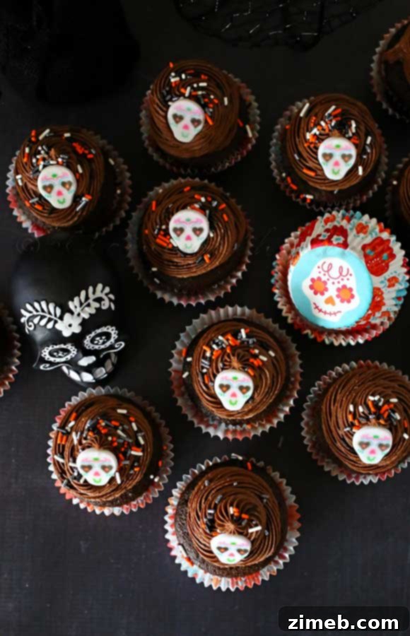 Decorated Sugar Skull Cupcakes ready for a Halloween or Dia de Muertos party