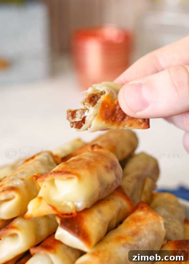 Basket filled with Cheesy Roast Beef Egg Roll Bites ready to be served