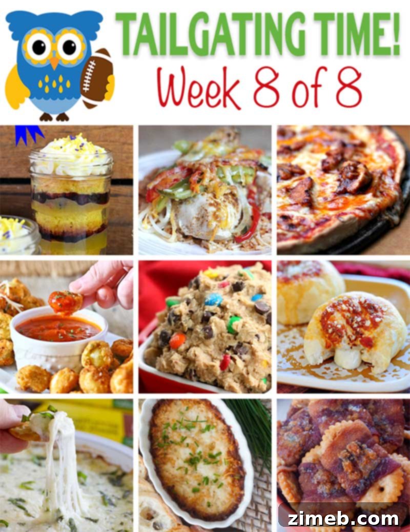 A vibrant collage of diverse tailgating dishes, including savory snacks, hearty mains, and sweet treats, embodying the spirit of Week 8 of the Tailgating Food Ideas series.