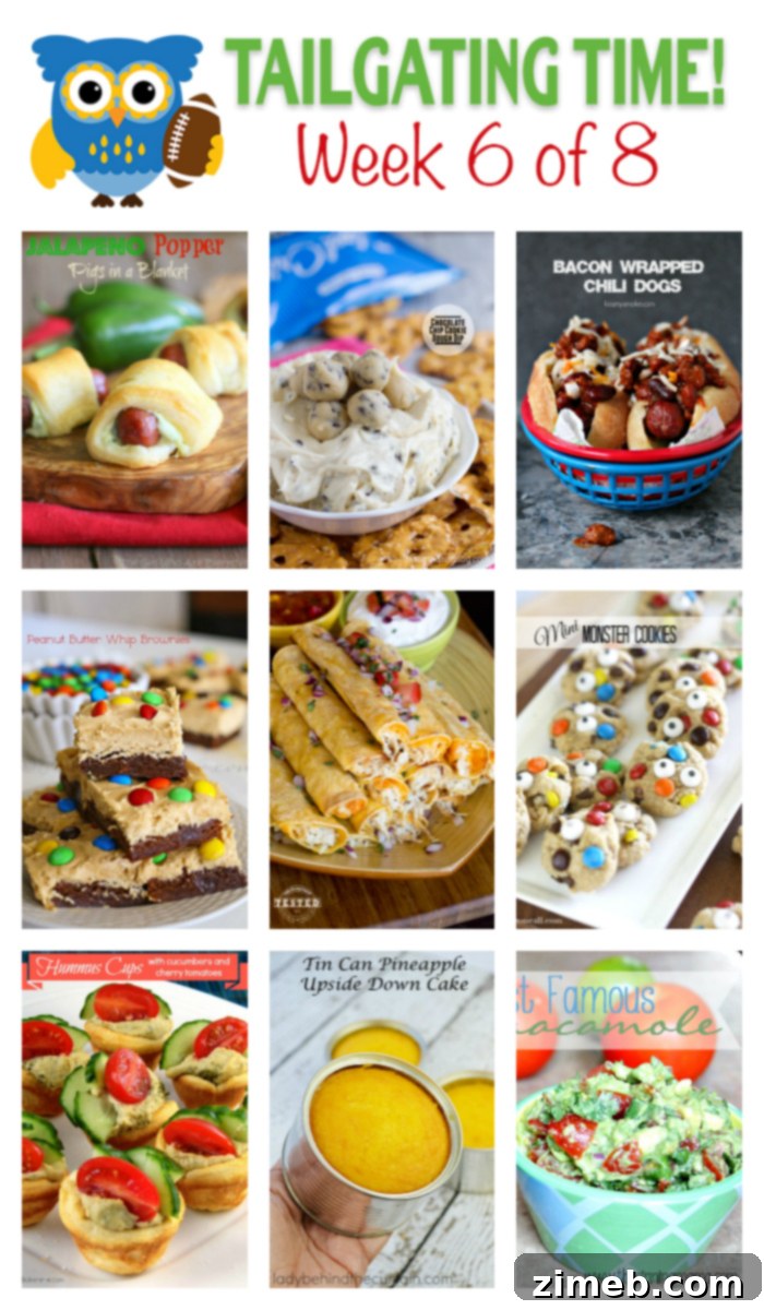 A promotional image for Tailgating Food Ideas Week 6 {of 8}, featuring a collage of appetizing dishes.