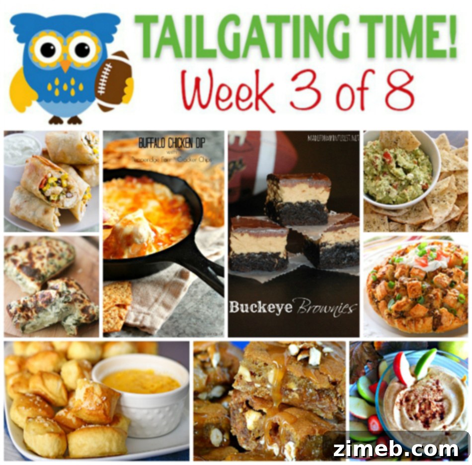A promotional image for Tailgating Food Ideas Week 3 {of 8}, showcasing a variety of savory and sweet options.