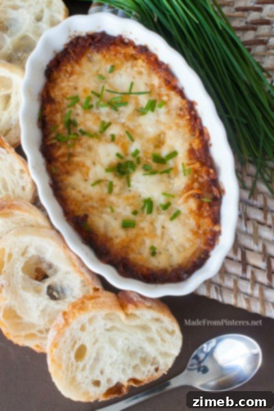 A bowl of rich, bubbly Hot Onion Dip, garnished with chives and surrounded by various dippers.
