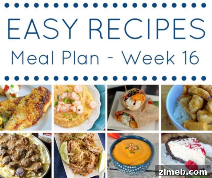 A comprehensive overview of the Easy Dinner Recipes Meal Plan for Week 16, showing all recipes and categories.