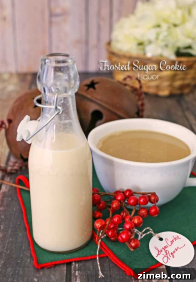 Homemade Frosted Sugar Cookie Liquor in a glass bottle with a festive tag