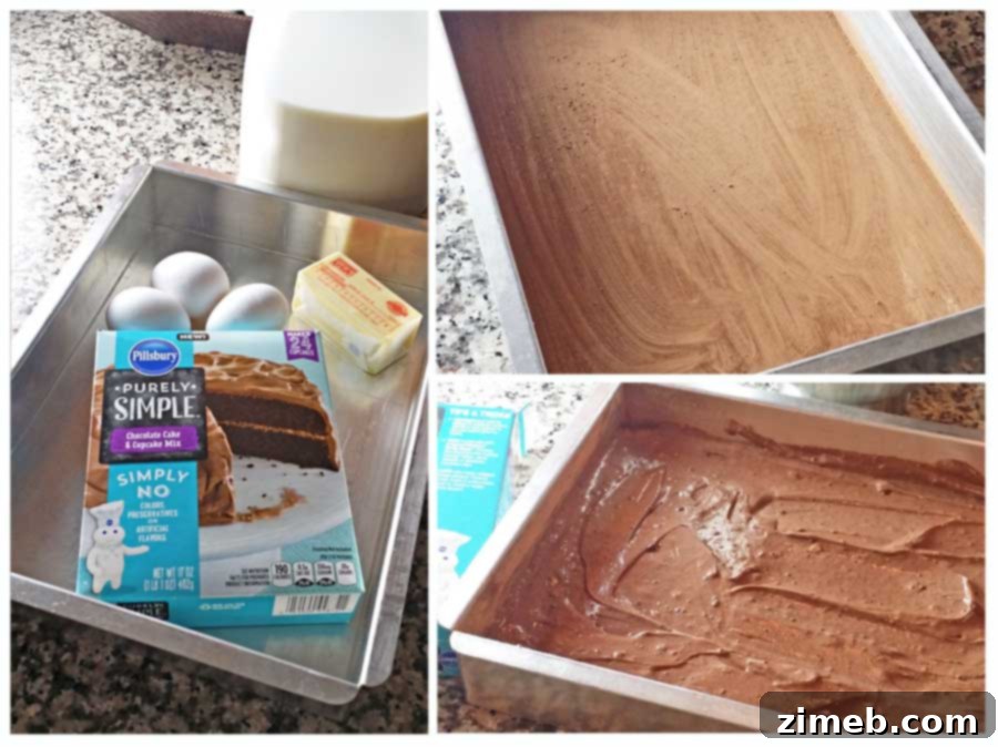 Decadent Walnut and Toffee Chocolate Poke Cake 4 Ingredients for chocolate poke cake: Pillsbury Purely Simple cake mix, butter, eggs, milk