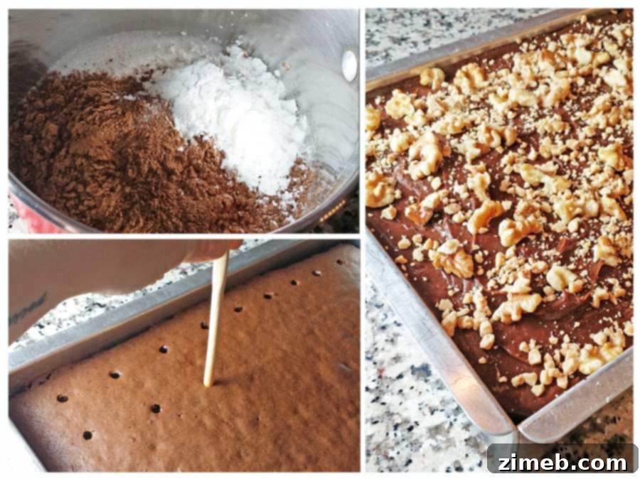 Decadent Walnut and Toffee Chocolate Poke Cake 5 Chocolate cake batter being poured into a baking pan dusted with cocoa powder