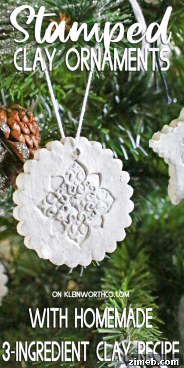 Beautifully Stamped Clay Ornaments on a rustic wooden surface, made with a simple 3-ingredient homemade clay recipe. Perfect for DIY tree decor.
