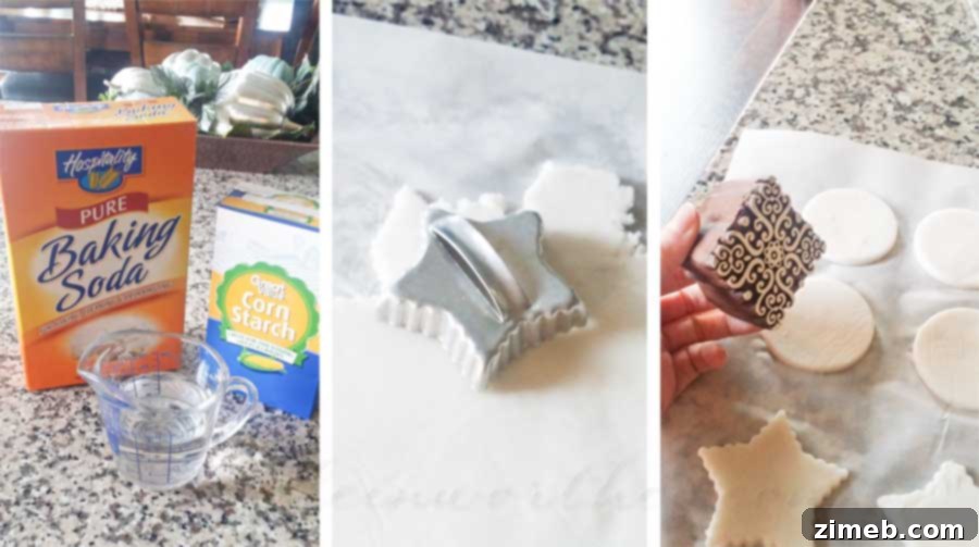 Three key ingredients for homemade clay: water, baking soda, and cornstarch, laid out with cooking utensils for making DIY ornaments.
