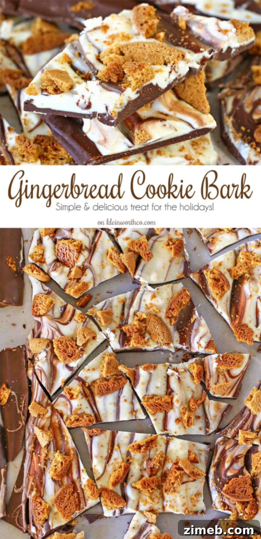 Gingerbread Snap Bark 2 Gingerbread Cookie Bark - A delicious no-bake holiday treat made with milk chocolate, white chocolate, and crumbled gingerbread cookies, perfect for Christmas gifting.