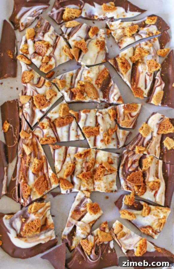 Gingerbread Snap Bark 3 Close-up of Gingerbread Cookie Bark showing layers of chocolate and cookie crumbles.