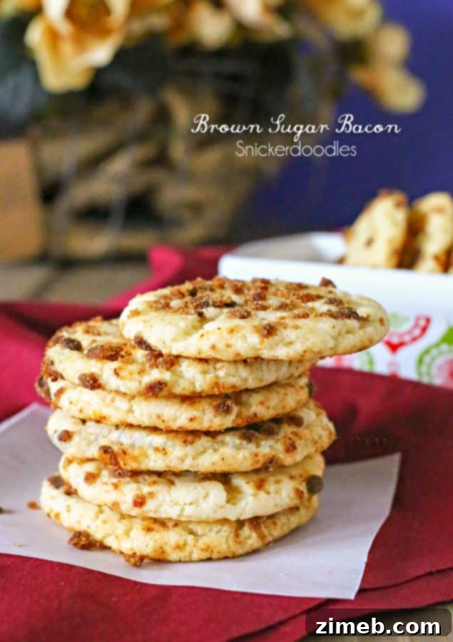 Salty-Sweet Brown Sugar Bacon Snickerdoodles 4 Stack of freshly baked Brown Sugar Bacon Snickerdoodles on a cooling rack