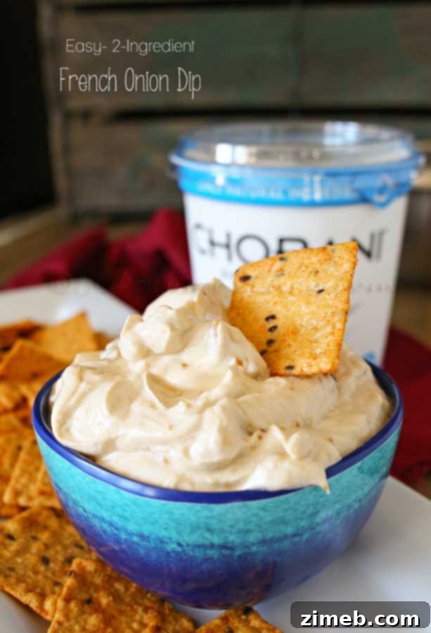 Effortless Homemade French Onion Dip 9 The finished Easy French Onion Dip in a bowl, ready to serve with a variety of dippers.