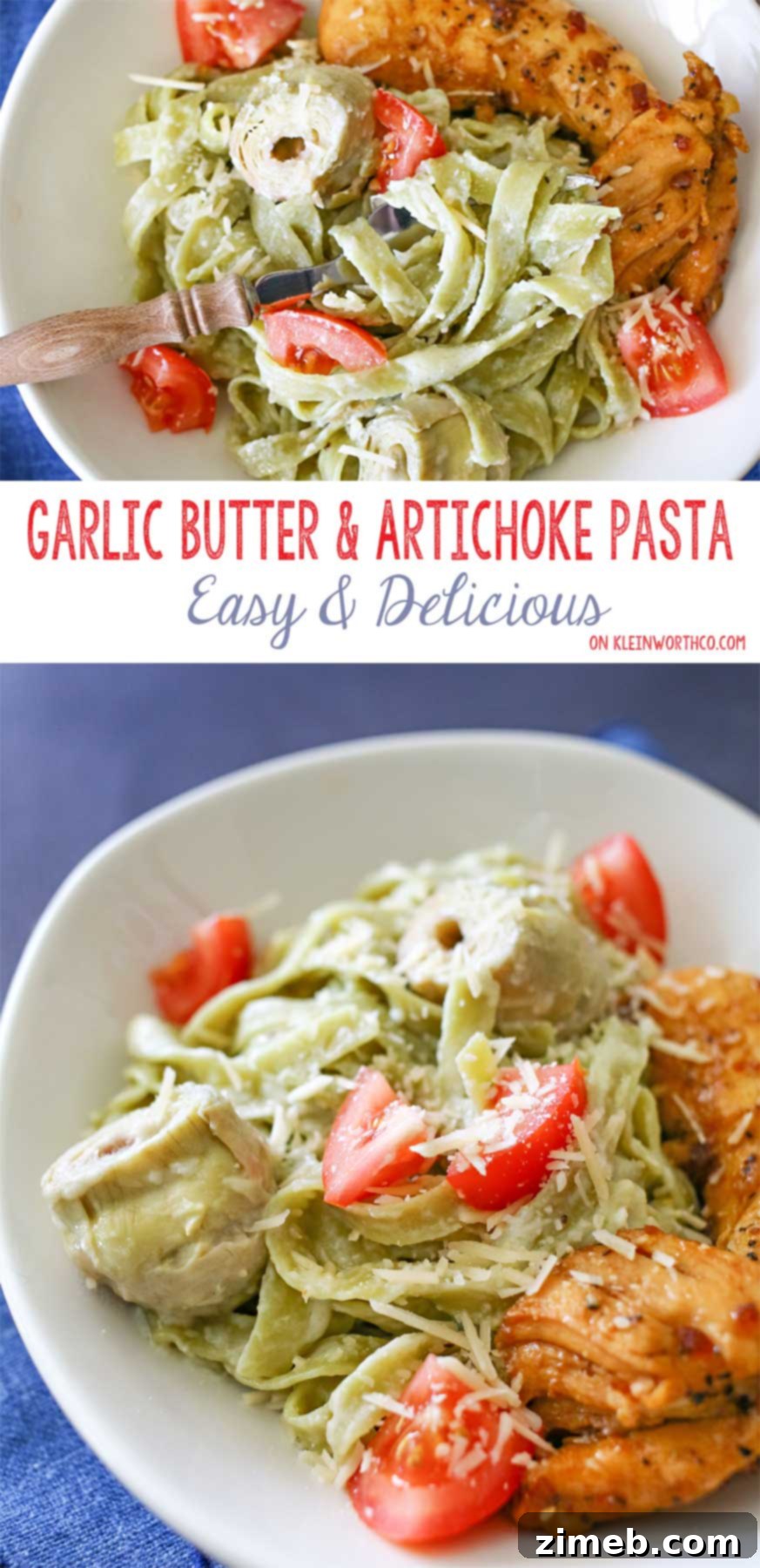Delicious Garlic Butter & Artichoke Pasta with vibrant spinach noodles