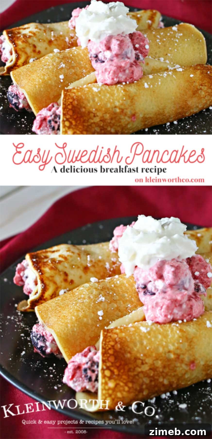 Swedish Crêpes 2 Delicious Swedish Pancakes ready to be served with berries and whipped cream.