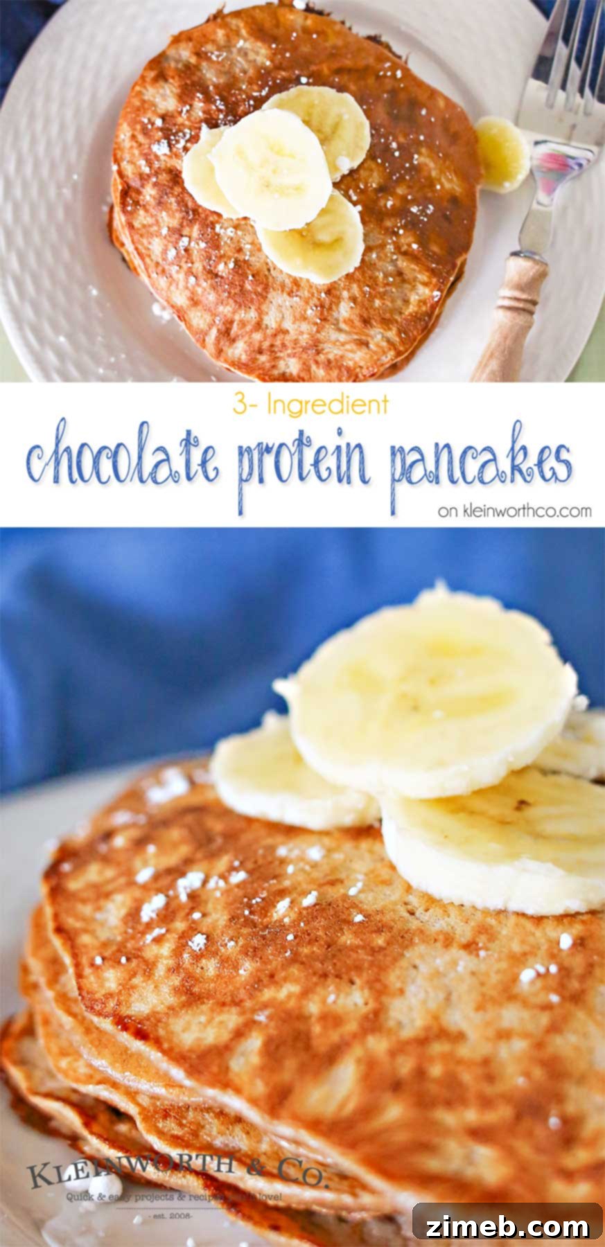 Quick and Easy 3 Ingredient Chocolate Protein Pancakes 2 Delicious 3-Ingredient Chocolate Protein Pancakes stacked on a plate