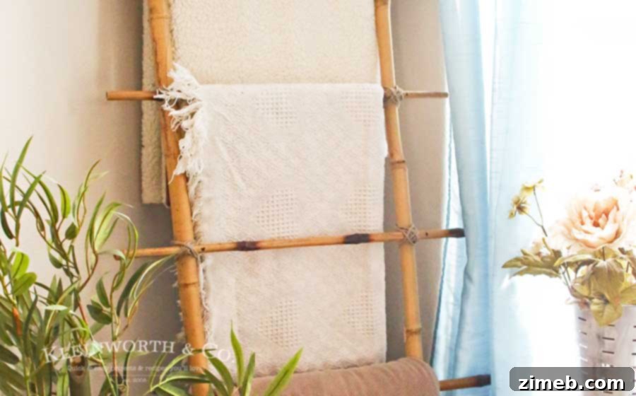 Close-up of a finished DIY Bamboo Blanket Ladder