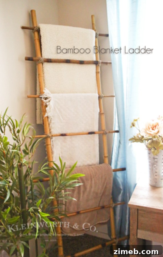 Finished bamboo blanket ladder with decorative twine