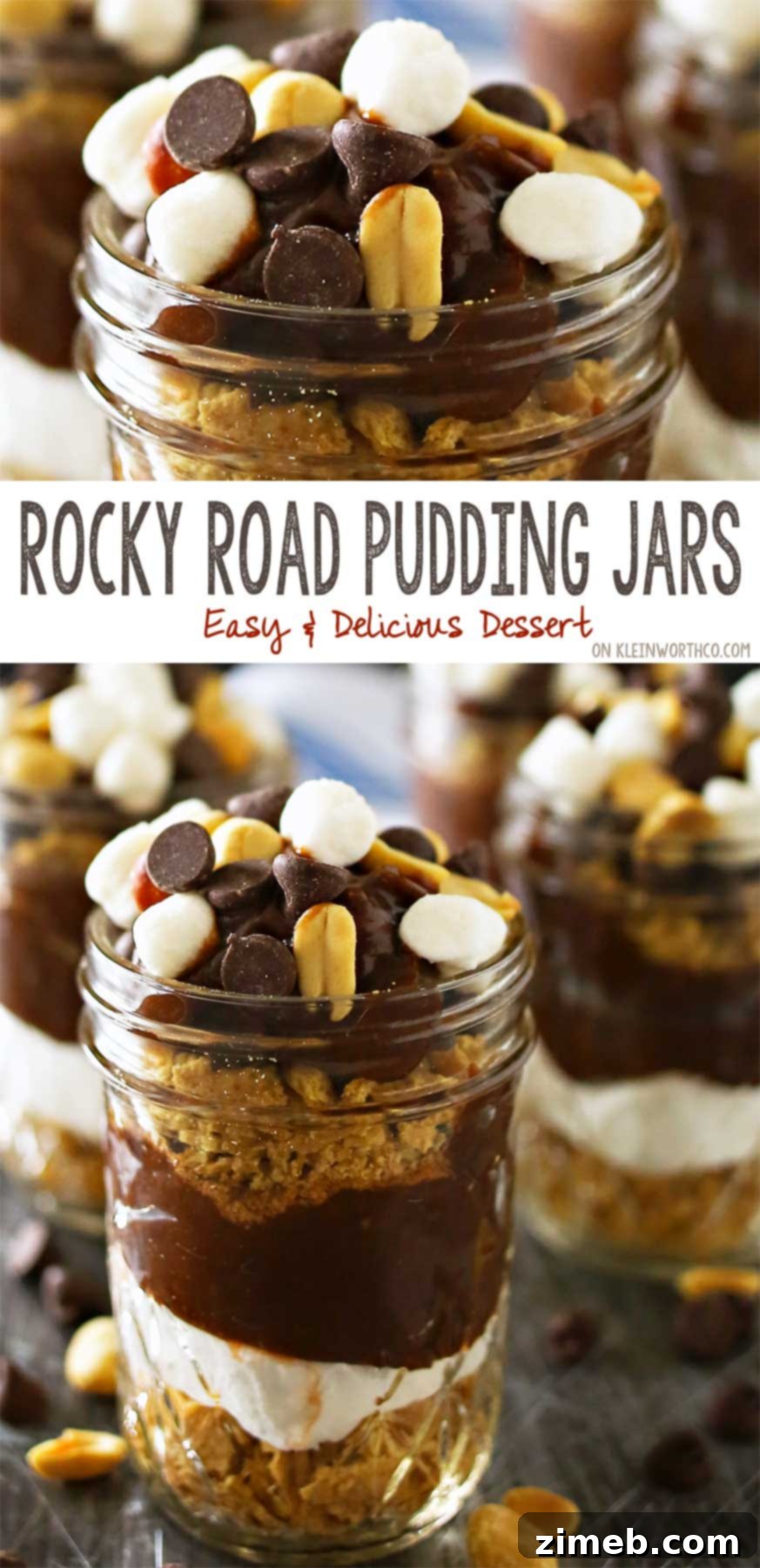 Delicious Rocky Road Pudding Jars layered with rich chocolate pudding, crisp graham crackers, and fluffy marshmallows, ready to be enjoyed