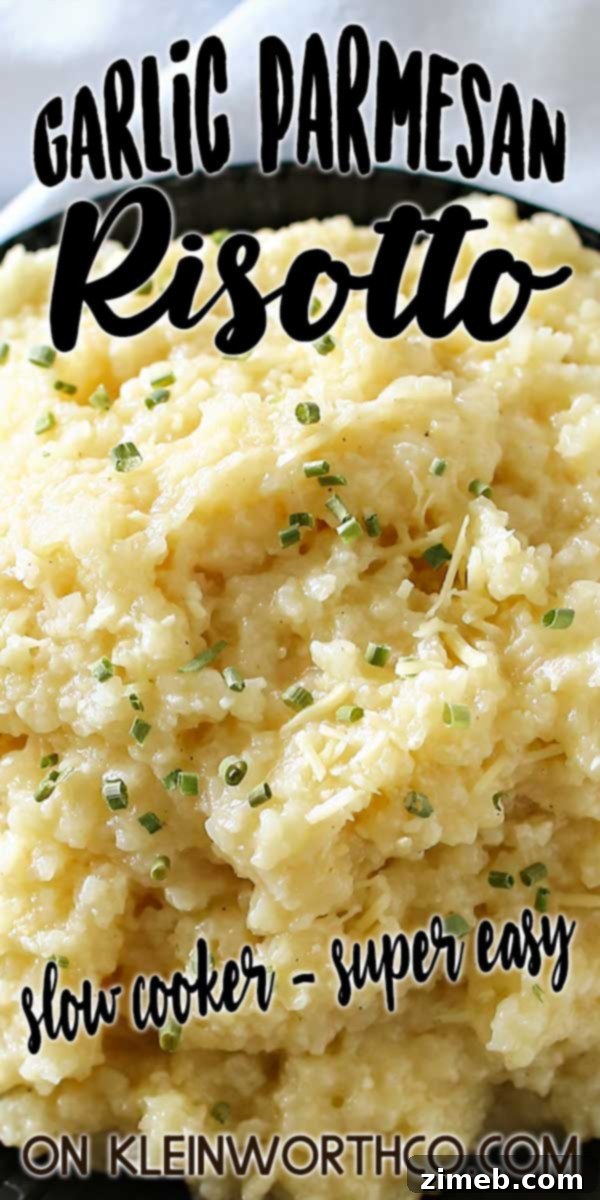 Close-up of a creamy Garlic Parmesan Risotto in a slow cooker, garnished with fresh herbs.