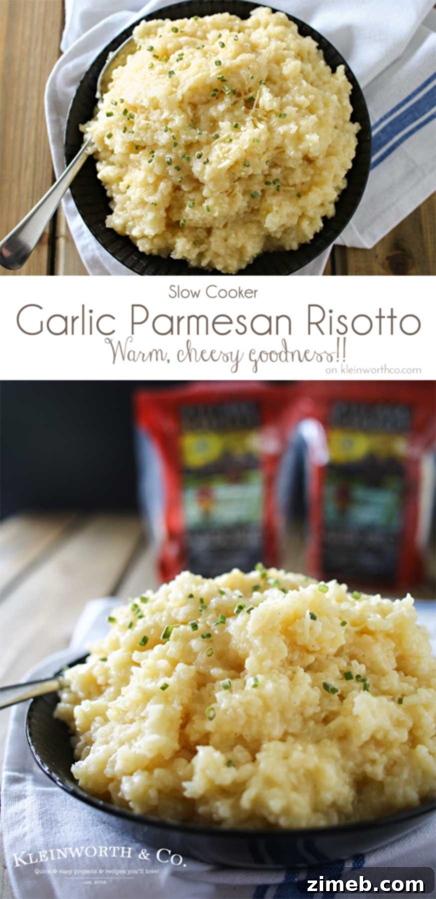 Overhead shot of Slow Cooker Garlic Parmesan Risotto in a rustic bowl, ready to eat.
