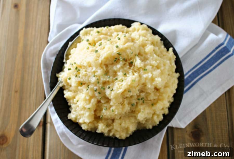 A large pot of slow cooker Garlic Parmesan Risotto, ready to serve.
