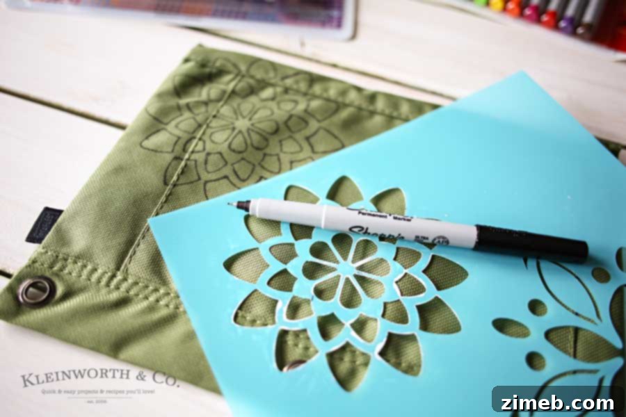 Materials for Stenciled Pen Pouch: Markers, Pouch, Stencil