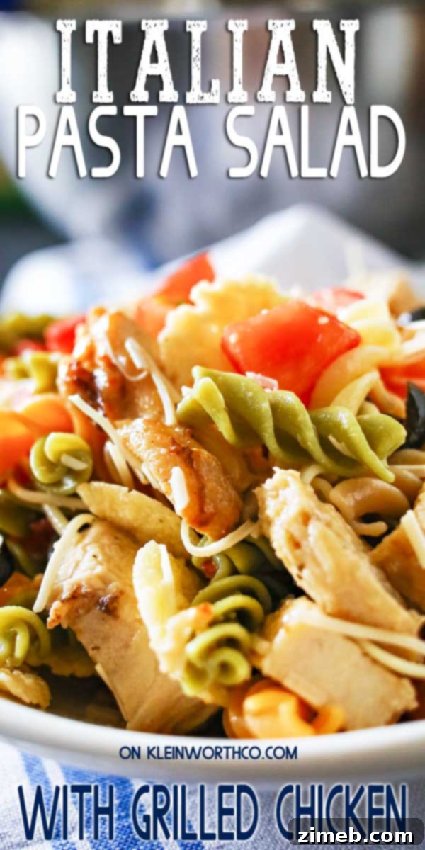 Refreshing Italian Pasta Salad with chicken, tomatoes, and olives – perfect for summer
