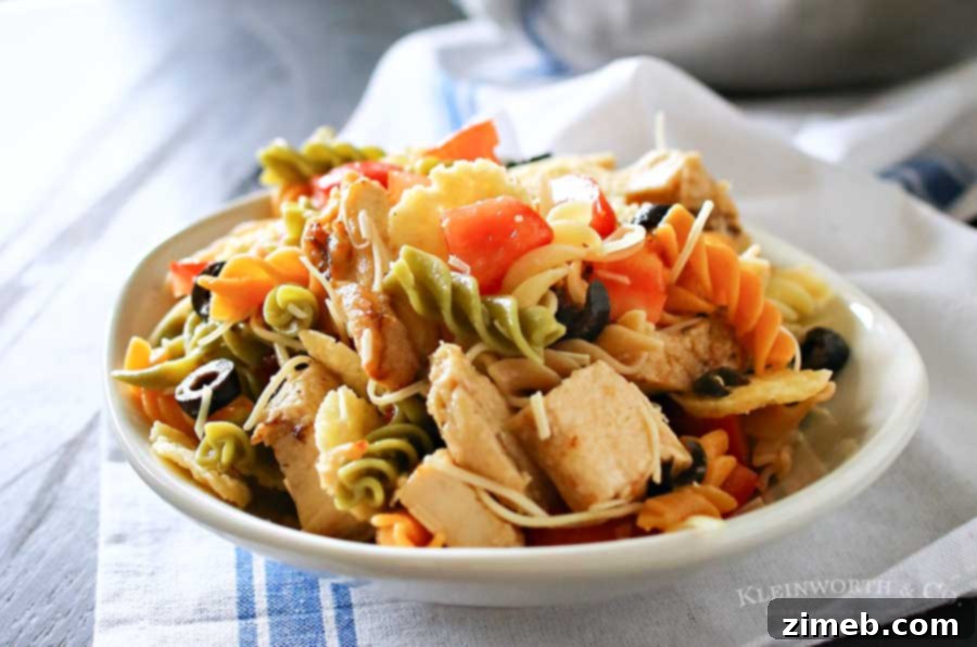 Final plated Italian Pasta Salad, vibrant and ready to serve
