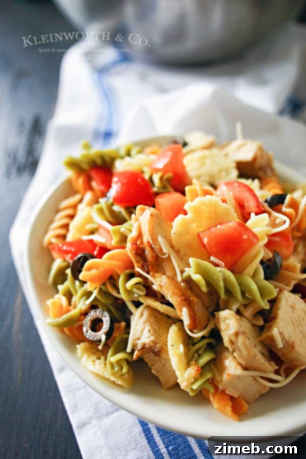 Homemade Italian Chicken Pasta Salad with vibrant spiral noodles and fresh ingredients