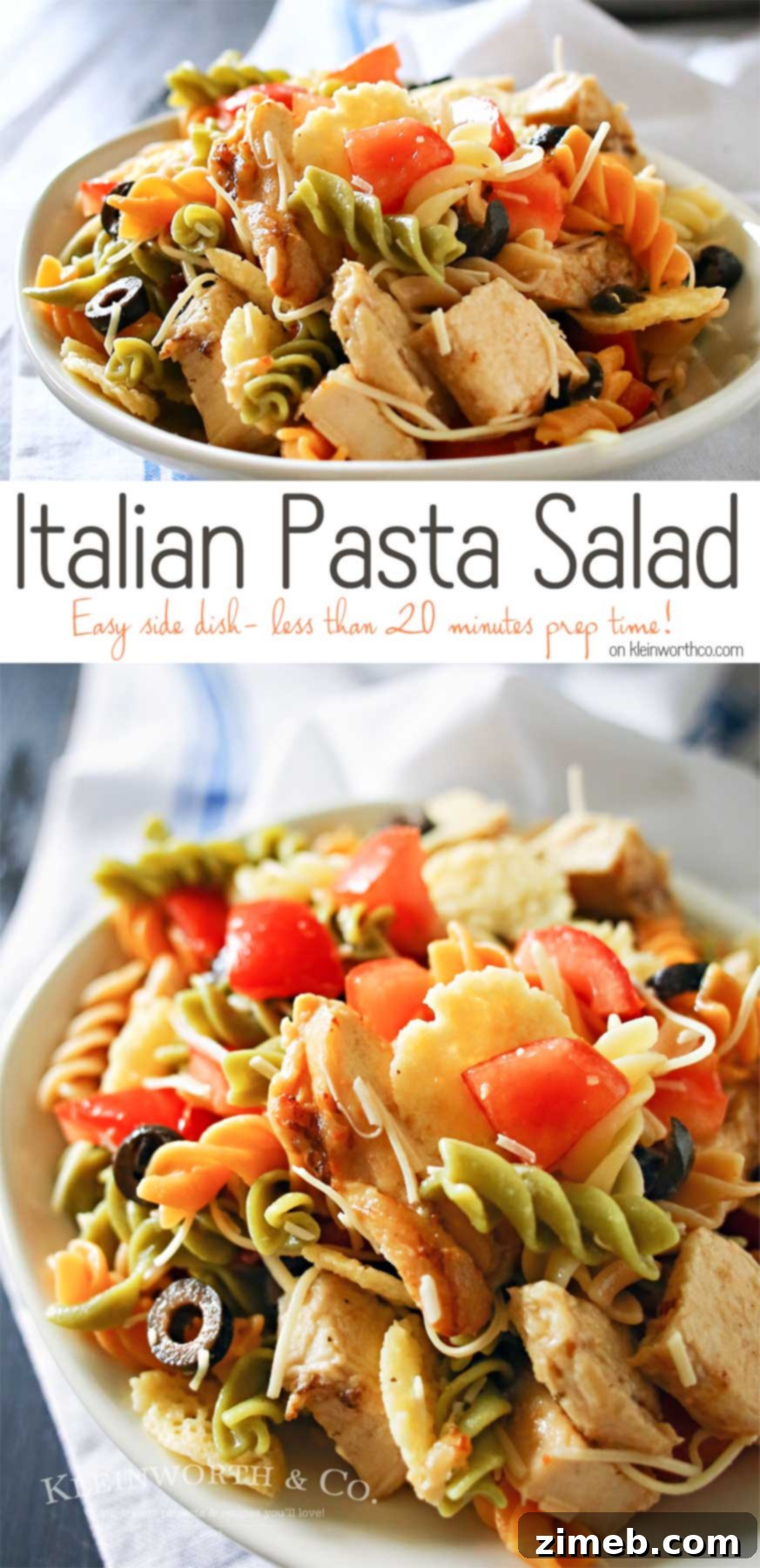 A large, vibrant serving of homemade Italian Pasta Salad with chicken and fresh vegetables