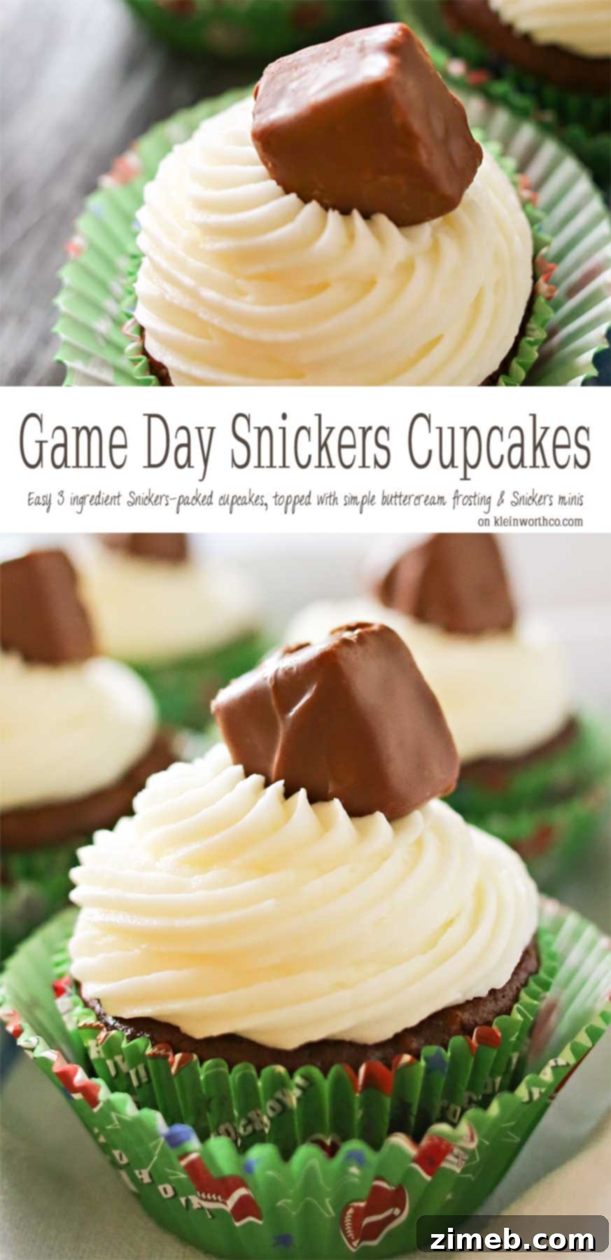 Score Big Snickers Cupcakes 2 Game Day Snickers Cupcakes, an easy 3-ingredient cupcake recipe loaded with Snickers candy bars, topped with delicious buttercream frosting and more Snickers minis, perfect for football parties.