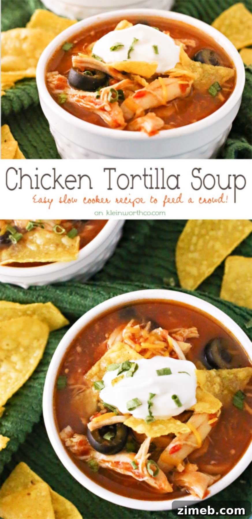 Set-It-and-Forget-It Chicken Tortilla Soup 2 A steaming bowl of Slow Cooker Chicken Tortilla Soup, garnished with fresh cilantro, avocado, and crispy tortilla strips, showcasing its rich texture and vibrant colors.