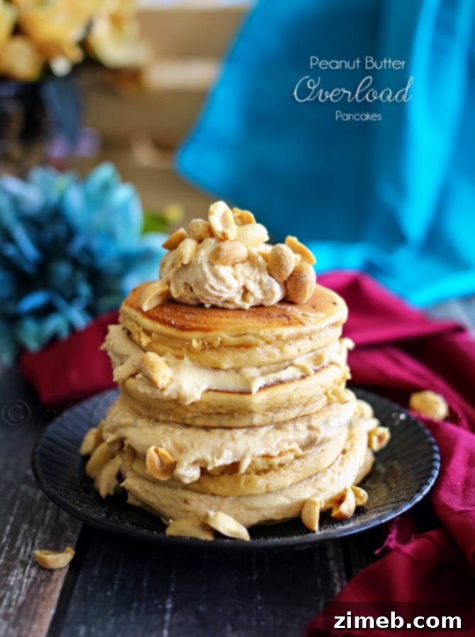 Indulgent Peanut Butter Overload Pancakes recipe, perfect for a decadent breakfast or brunch.