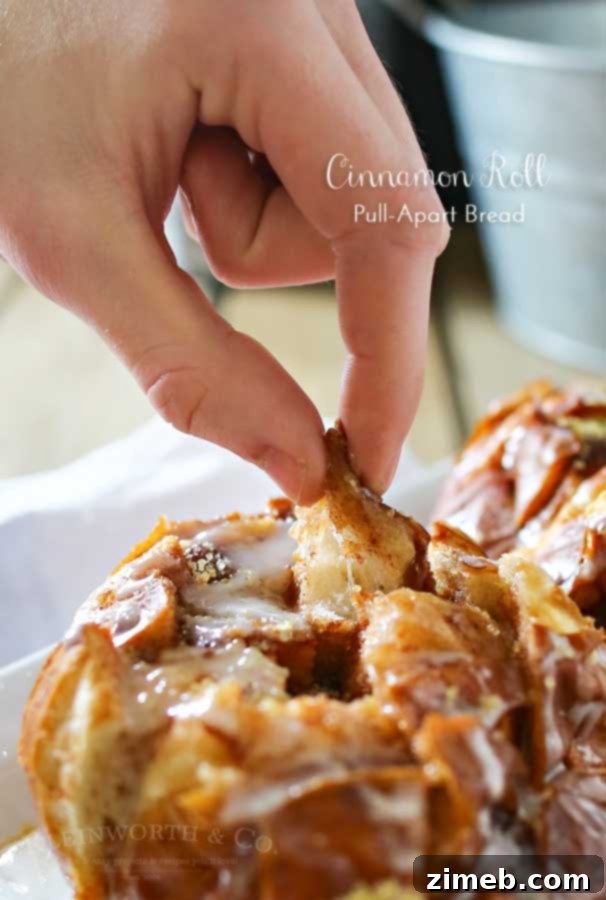 Warm and gooey Cinnamon Roll Pull Apart Bread recipe, ideal for a cozy family breakfast.