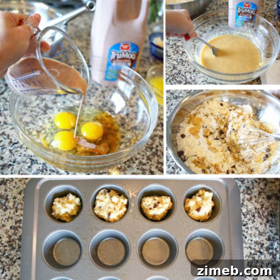 Step-by-step guide to making Chocolate Milk Muffins, featuring chocolate milk for added flavor and moisture.