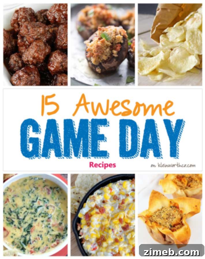 A collage of 15 diverse and appetizing game day recipes, including savory snacks, dips, and hearty dishes.