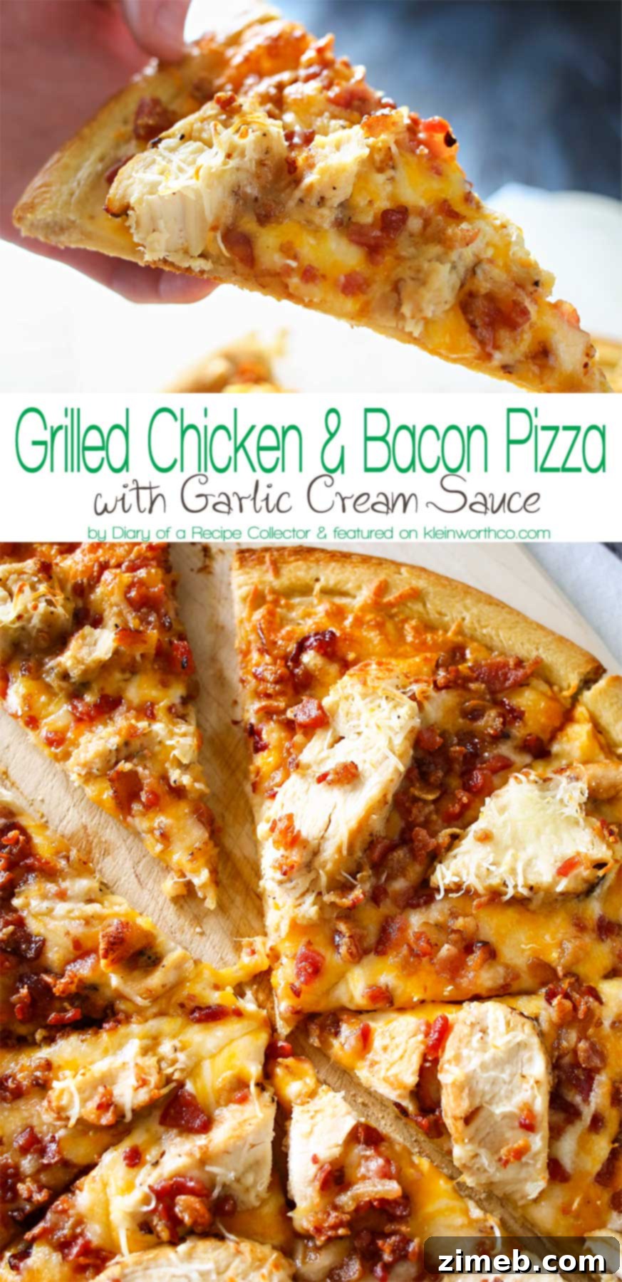 Savory Grilled Chicken and Bacon Pizza with Garlic Cream 2 Grilled Chicken & Bacon Pizza with Garlic Cream Sauce is the best homemade pizza recipe EVER! Better than any frozen, take & bake or delivery. WOW! AMAZING! Don't miss my tip for quick & easy prep time too!