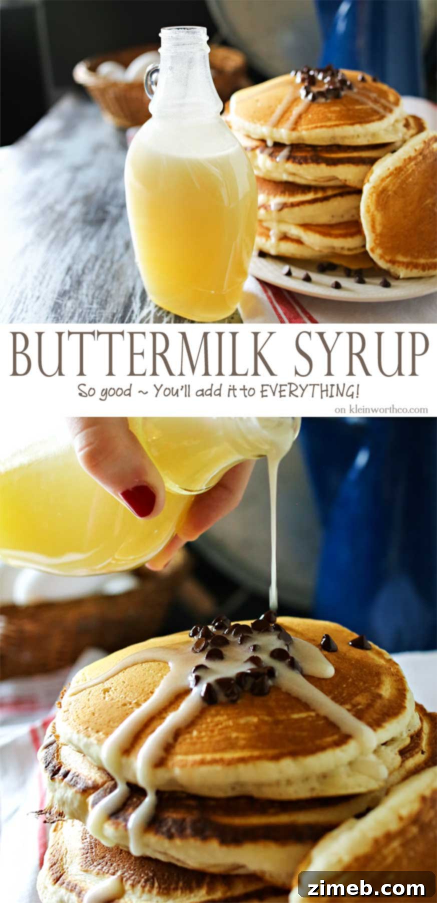 Farmhouse Buttermilk Syrup 2 A bottle of homemade buttermilk syrup next to a stack of fluffy pancakes.