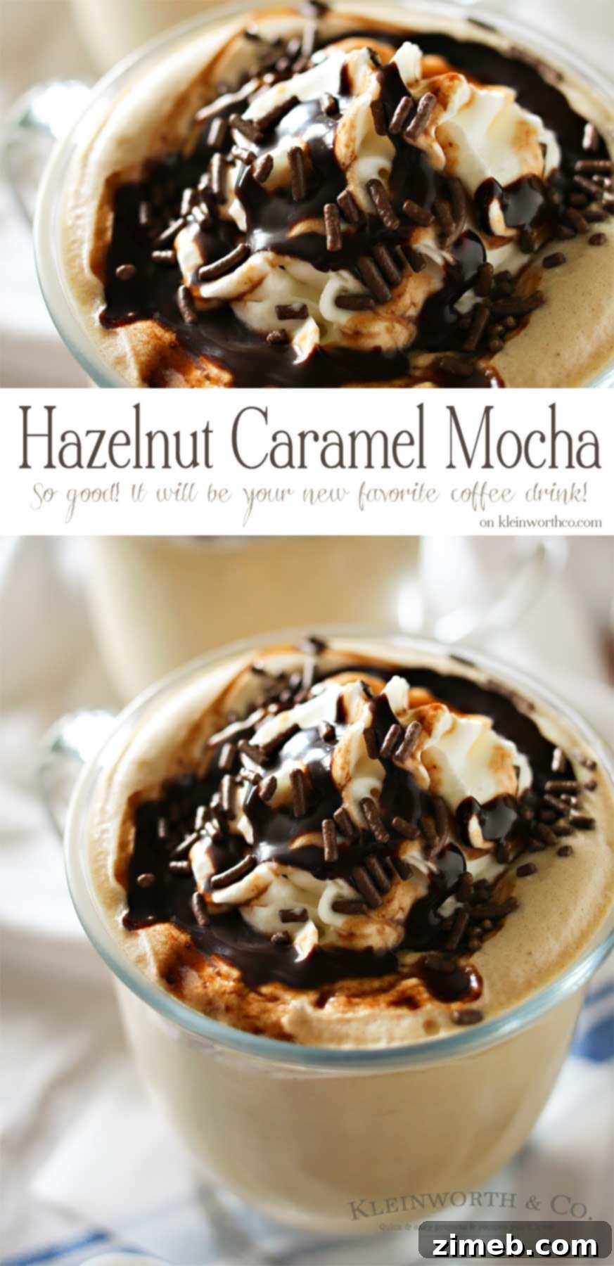 Signature Hazelnut Caramel Mocha 2 A rich, creamy Hazelnut Caramel Mocha topped with whipped cream and chocolate drizzle, ready to be enjoyed at home.