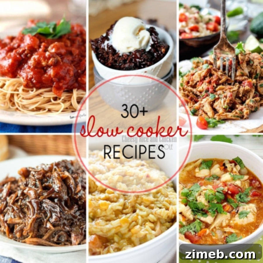 30 Delicious Slow Cooker Creations 2 A vibrant collage of diverse slow cooker dishes, showcasing pulled pork, chicken and beef recipes, various soups and chowders, and delicious slow cooker desserts, all designed for easy preparation and maximum flavor. The image highlights the versatility of slow cooking for family meals and special occasions.