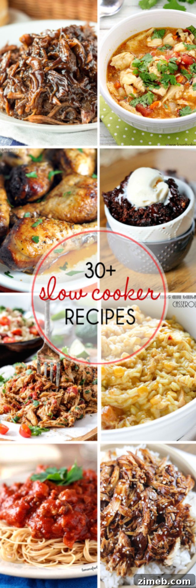 30 Delicious Slow Cooker Creations 3 A second vibrant collage of slow cooker dishes, highlighting delicious meals like hearty stews, tender meats, and enticing desserts, all prepared using the convenient slow cooking method.