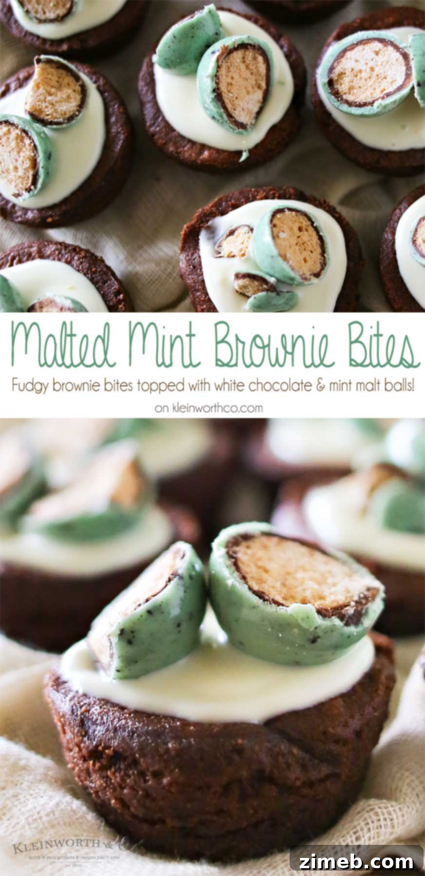 Delicious Malted Mint Brownie Bites on a serving tray, garnished with white chocolate and mint malt balls, appealing to mint and chocolate lovers.