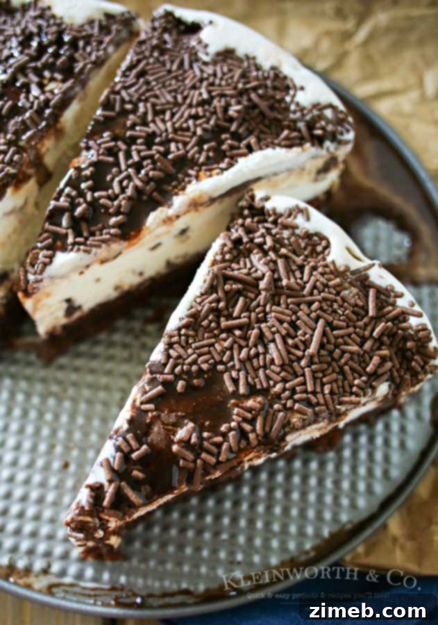 Mint Brownie Bliss Ice Cream Cake 4 A beautifully presented slice of Mint Brownie Ice Cream Cake, showcasing the distinct layers of rich brownie, creamy mint ice cream, and decadent chocolate topping.
